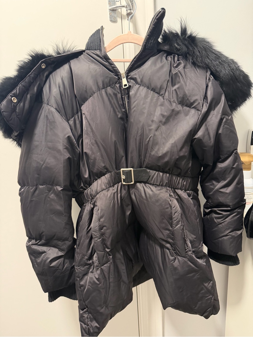 Black Belted Puffer Coat with Fur-Trim Hood